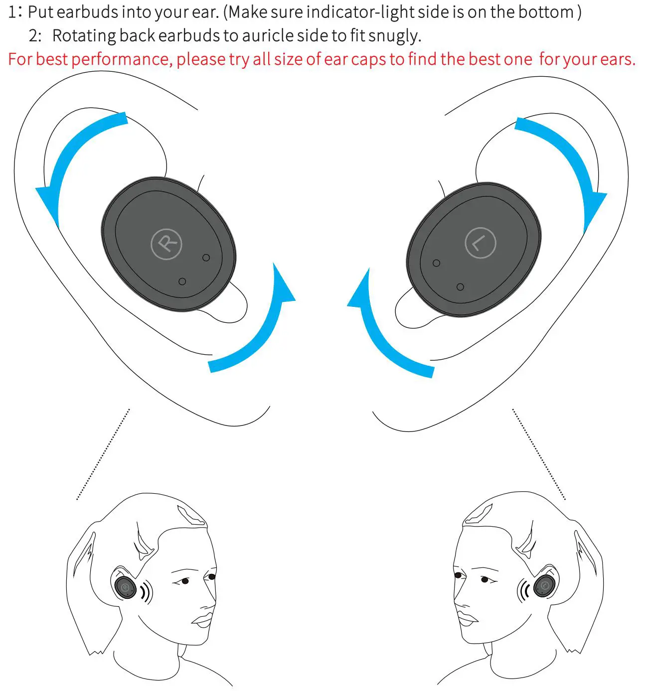 tozo-t10-tws-wireless-earbuds-pairing-guide- Mettre les écouteurs dans l'oreille