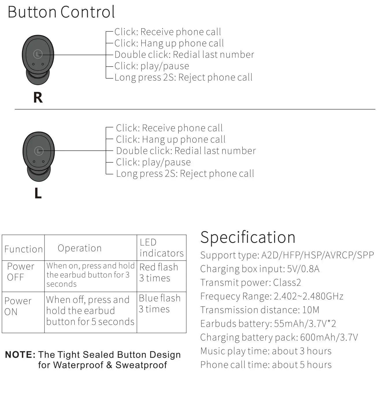 tozo-t10-tws-wireless-earbuds-pairing-guide- Button Control