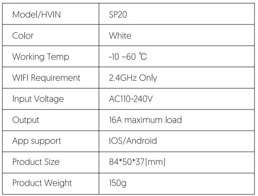 Manuel d'utilisation de la prise WiFi intelligente TECKIN SP20 - Principales spécifications