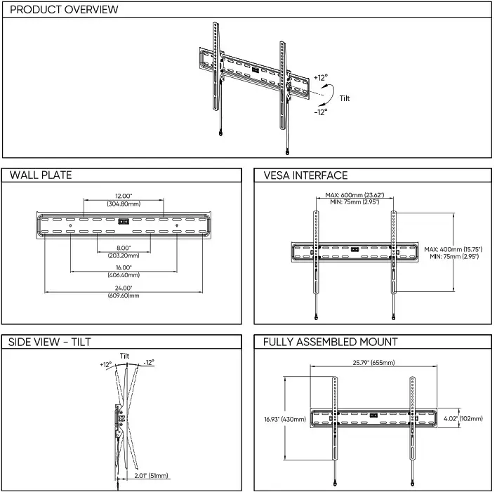 Onn 50-86 Support mural TV inclinable - Dimensions