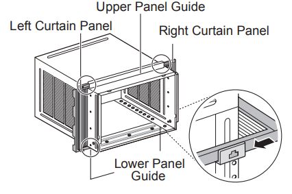Manuel du propriétaire du climatiseur LG - Insérez les rails supérieurs et inférieurs des panneaux du rideau dans les guides des panneaux supérieurs et inférieurs.