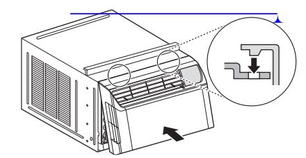 Manuel du propriétaire du climatiseur LG - Fixez la grille avant à l'armoire en insérant les languettes de la grille dans les fentes situées à l'avant de l'armoire.