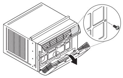 Manuel du propriétaire du climatiseur LG - Ouvrez la grille d'entrée d'air et fixez l'ensemble de la grille avant avec 2 vis de type A à travers le côté gauche et le bas de la grille avant.