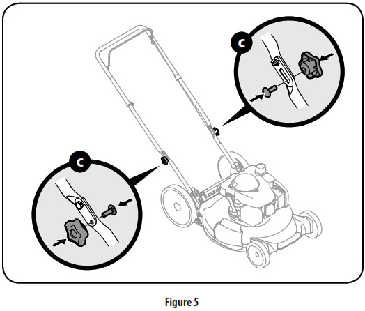 Tondeuse poussée CRAFTSMAN - Fixez les écrous à oreilles et les boulons de carrosserie retirés à l'étape 1 dans les trous inférieurs de la poignée, comme illustré à la figure 5.