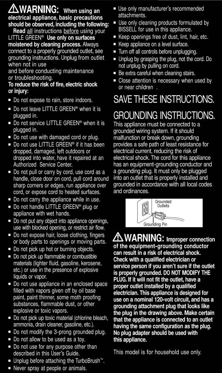 Bissell 1720-1725 Series Little Green - INSTRUCTIONS DE SÉCURITÉ IMPORTANTES