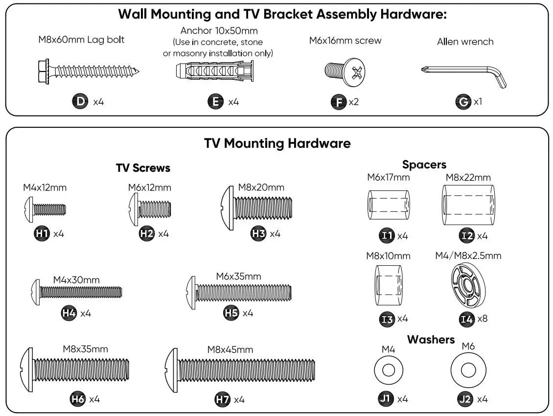 onn 100027961 Guide de l'utilisateur du support mural pour téléviseur 50 pouces à mouvement complet - Matériel de montage du téléviseur