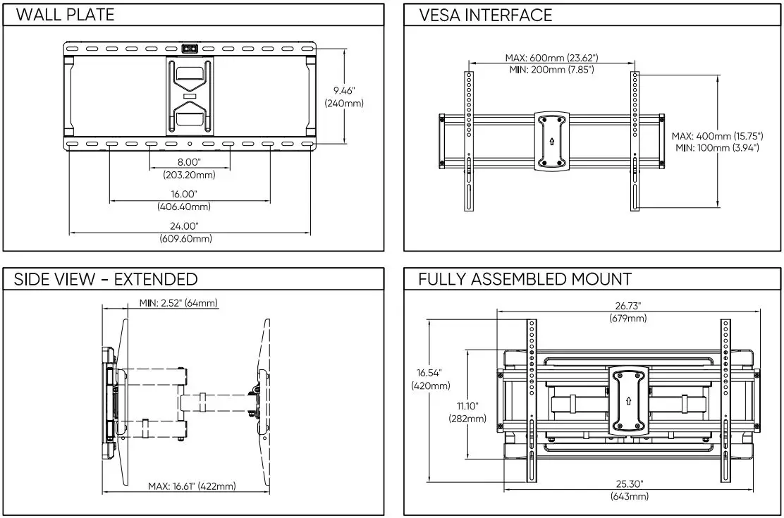 onn 100027961 Guide de l'utilisateur du support mural pour téléviseur 50 pouces à mouvement complet - Dimensions