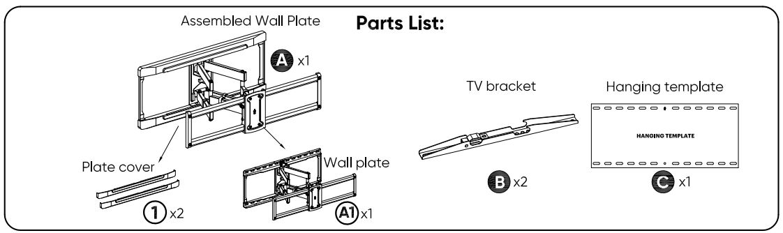 onn 100027961 50-Inch Full Motion TV Wall Mount User Guide - Parts List