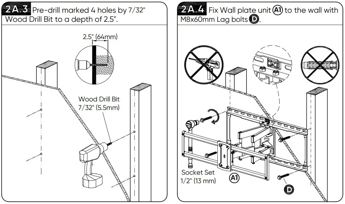 onn 100027961 Guide d'utilisation du support mural pour téléviseur 50 pouces à mouvement complet - Installation sur colombages en bois