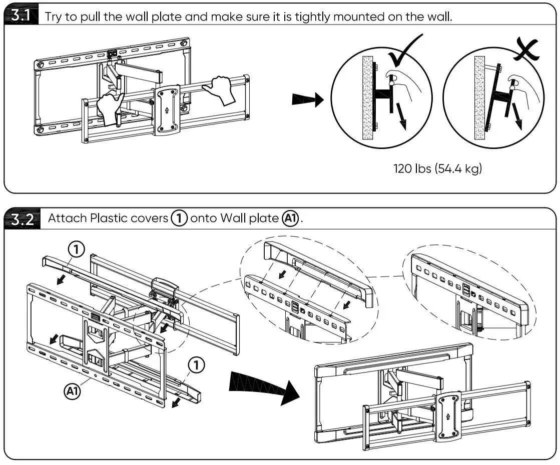 onn 100027961 Guide de l'utilisateur du support mural pour téléviseur 50 pouces à mouvement complet - Accrocher et fixer le téléviseur à la plaque murale