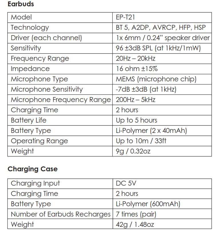 Ecouteurs Aukey TWS EP-T21 - Spécifications