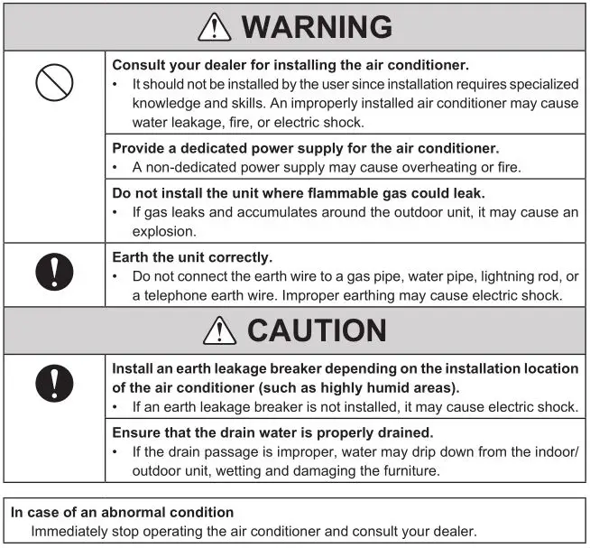 Mitsubishi Electric Split-Type Air Conditioners - For-installation-Warnings-&-Caution