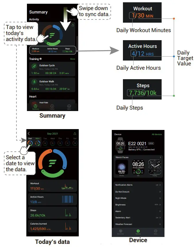 Letsfit E22 Smart Watch - Interfaces applicatives