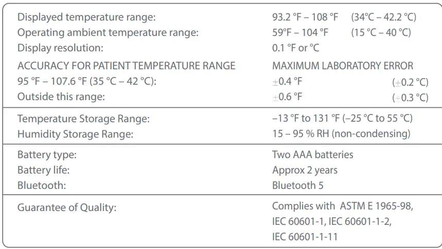 Instructions du thermomètre frontal intelligent sans contact kinsa QuickScan - Spécifications du produit