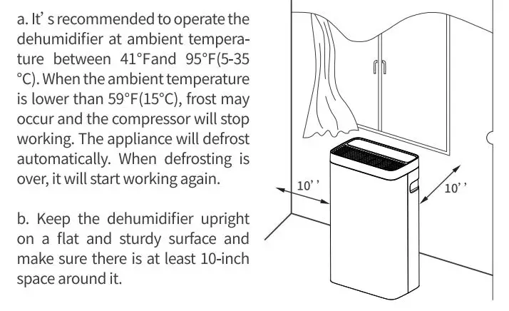 HUMSURE AP10-2012E Déshumidificateur 16L Manuel de l'utilisateur - Placement