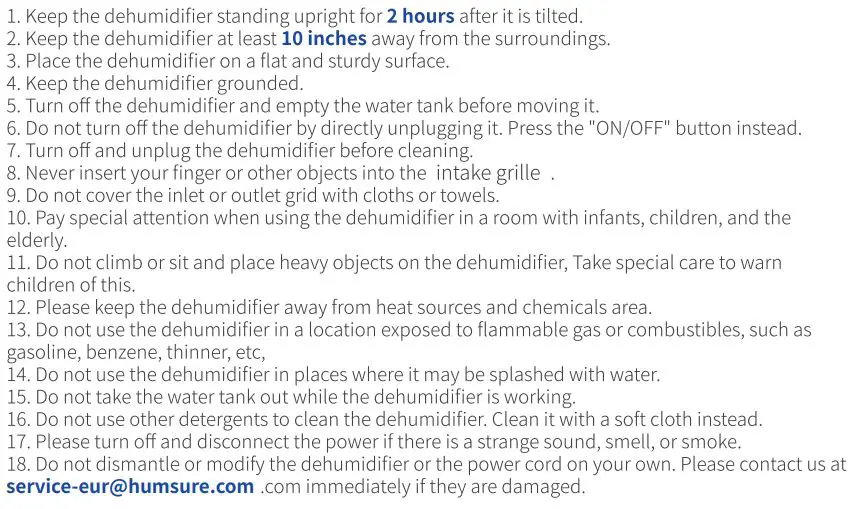 HUMSURE AP10-2012E Déshumidificateur 16L Manuel de l'utilisateur - Instructions de sécurité importantes