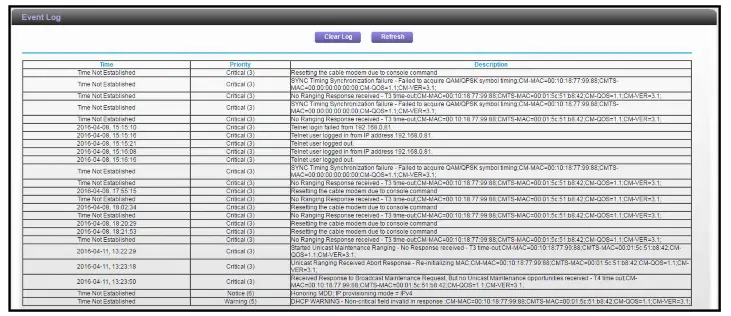 High Speed Cable Modem - Event Log page shows