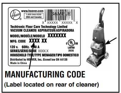 Hoover Power Scrub Carpet Washer Owner's - ManufaCturing Code