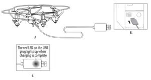 Chargement du drone zipp nano via USB. La led rouge sur la prise usb s'allume lorsque la charge est terminée.