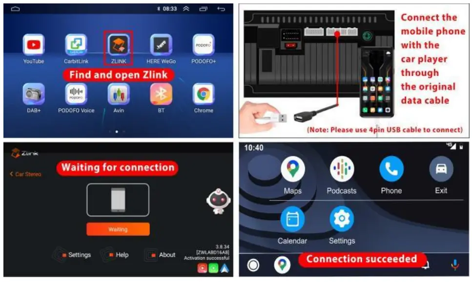 CAMECHO SHA16 Car Play Android Auto - méthode de connexion