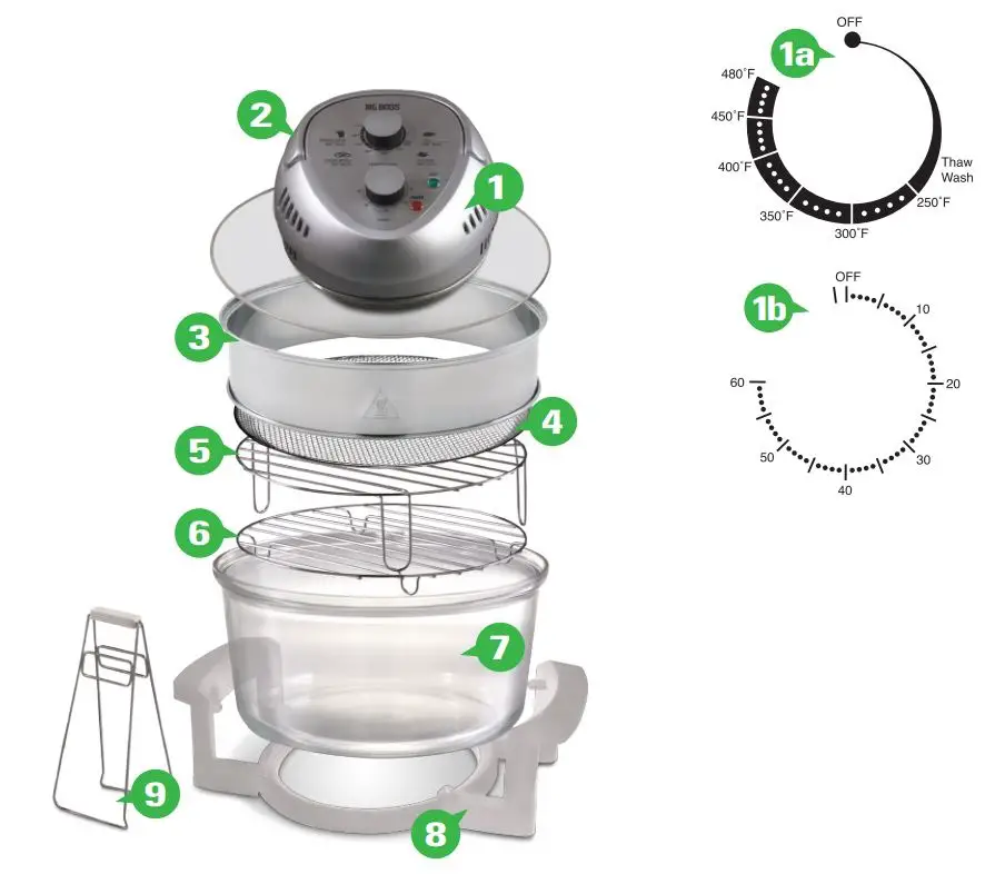 BIG BOSS 9063 Super Sized 16 Quart Large Air Fryer Oven Glass Air Fryer Instruction Manual - PARTS AND FEATURES