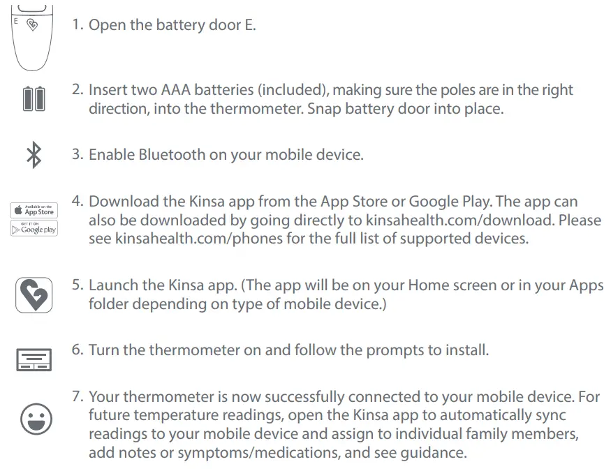 Instructions du thermomètre frontal intelligent sans contact kinsa QuickScan - Configurer le thermomètre pour une première utilisation