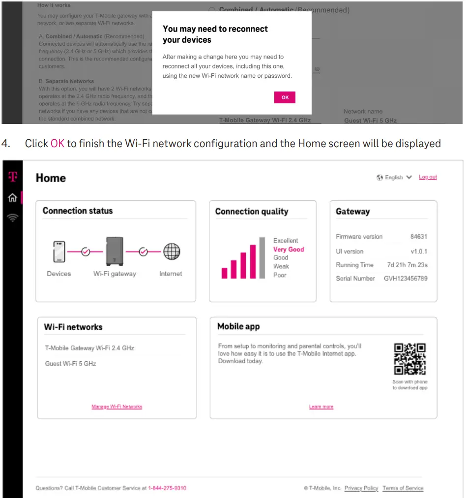 T-Mobile KVD21 5G Home Internet Gateway User Guide - Cliquez sur OK pour terminer la configuration du réseau Wi-Fi et l'écran d'accueil s'affiche.