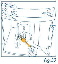 DeLonghi Magnifica - Pour enlever le café collé aux parties à l'intérieur de la machine, grattez-la avec une fourchette en plastique ou en bois (Fig. 30) et ramassez ensuite tous les résidus à l'aide d'un aspirateur (Fig. 31)