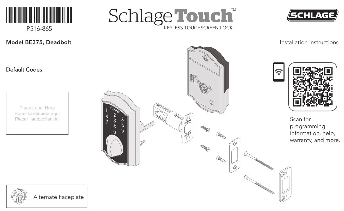 Manuel de l'utilisateur Schlage Touch Keyless Touchscreen Deadbolt Lock BE375