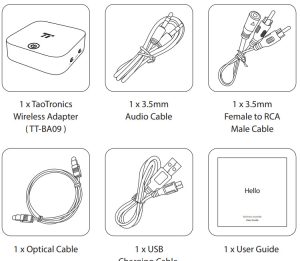 TAOTRONICS TT-BA09 Wireless Audio Adapter Bluetooth 5.0 AptX Low Latency Transmitter and Receiver -Package Contents